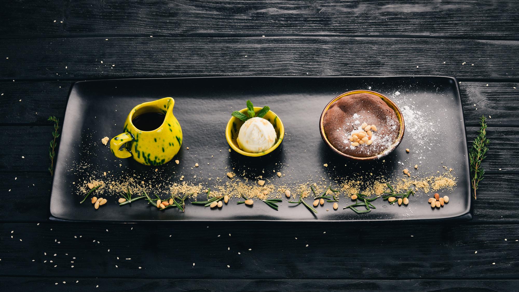 Large editorial shot of plated tasting menu